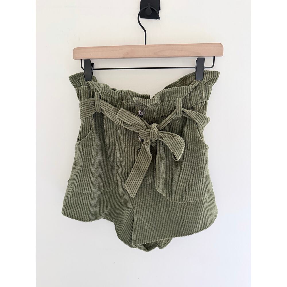 She + Sky Olive Green Corduroy High Waist Paper Bag Tie Belt Shorts-Size M